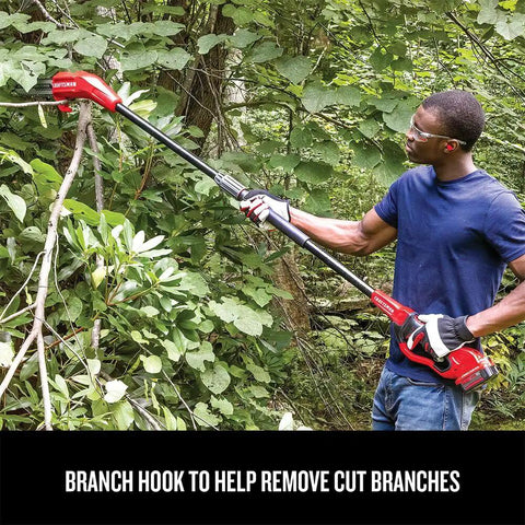 Man using Cordless Pole Saw With 14 Foot Reach, 8 Inch Bar, 4.0Ah Battery And Charger Included, angled head for precise cuts
