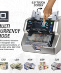 Bank Grade Money Counter For Mixed Denoms In USD CAD MXN GBP EUR With Touch Screen showing currency stacks