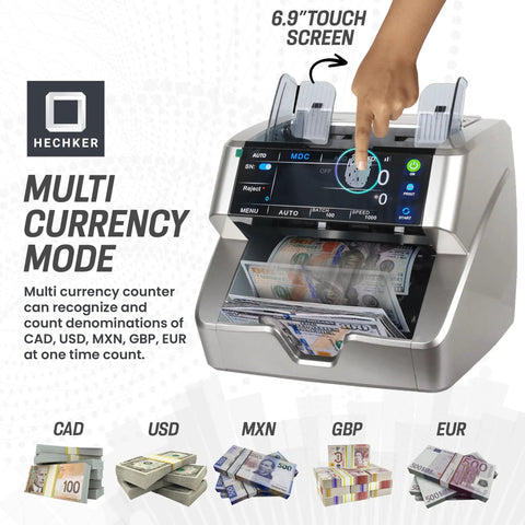 Bank Grade Money Counter For Mixed Denoms In USD CAD MXN GBP EUR With Touch Screen showing currency stacks