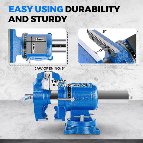 Heavy Duty 5 Inch Bench Vise With Ductile Iron Body 360 Degree Swivel Anvil 4000 Kg Clamp Blue Finish Multipurpose Workbench Vise For Metalwork And Quick Clamp Jobs, close-up details with measurements.