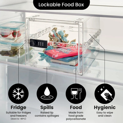 Premium Lock Box With Three-Digit Combination For Food, Meds And Home Safety, shown in fridge storing items, crystal clear