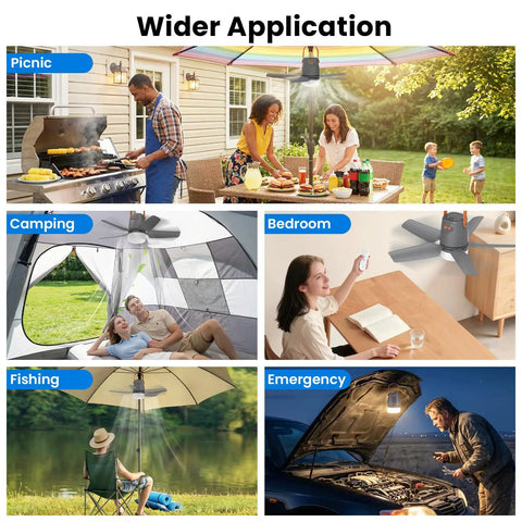 Straight Up Badass 21 Inch Portable Ceiling Fan With Built In Rechargeable Battery And Wireless Remote Bright Led Light for camping and outdoor use.