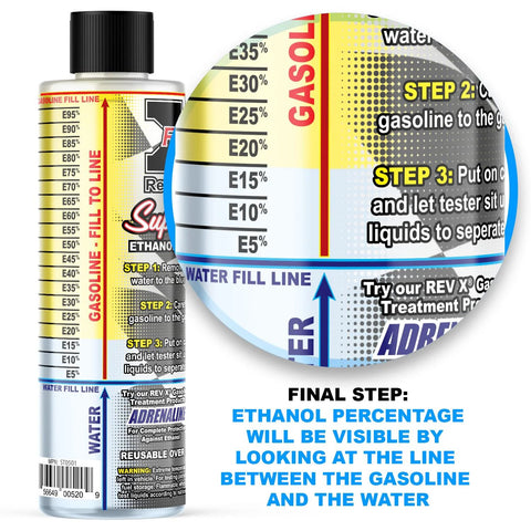 REV X E85 Super Tester gasoline-ethanol testing kit bottle, Amazon brand, front view with E% scale and fill lines