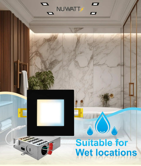 Bathroom with recessed Six Pack 6 Inch Ultra Thin LED Recessed Lighting With Five CCTs Selectable, showing lighting and IC rated box.