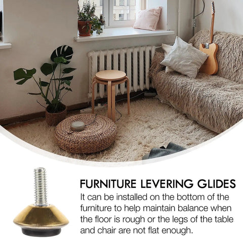 12 Pack Adjustable Furniture Leveling Feet Set With Heavy Duty Iron And PVC Swivel Legs shown with home interior setting.