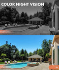 Comparison of 2K color night vision with solar powered outdoor security camera mounted on house corner