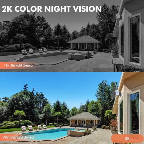Comparison of 2K color night vision with solar powered outdoor security camera mounted on house corner
