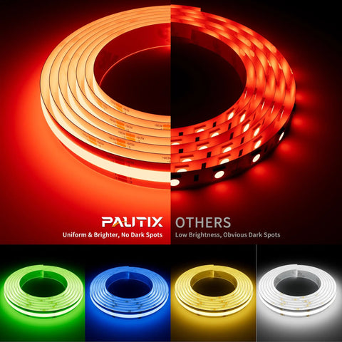 Comparison of 5V USB RGB COB LED Strip Light 4.92ft with bright even lighting versus inconsistent lighting
