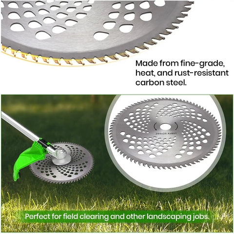 Close-up of Two Pack 10 Inch 80T Carbide Tip Brush Cutter Blades for Trimmers and Weed Eaters in use on grass