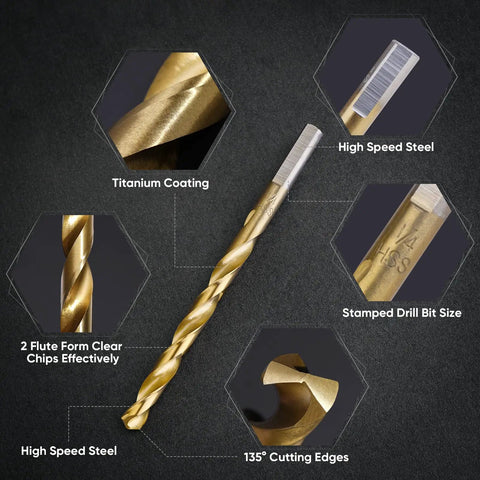 Diagram highlighting features of Titanium Coated Drill Bit Set 13 Piece Pro Grade With 135 Degree Tip HSS High Speed Steel Bits