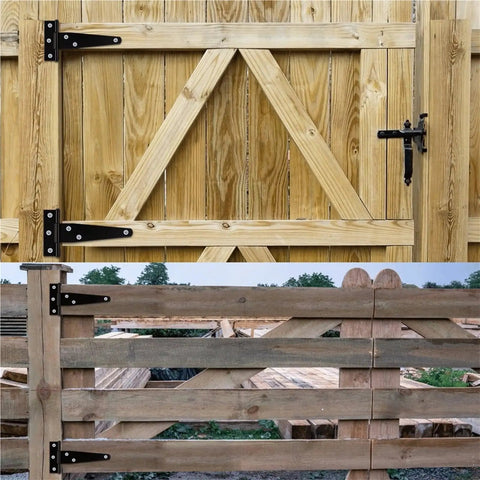 Wooden gates featuring Six Pack Four Inch T Hinges Iron Door Hinges For Cabinets And Barn Doors Lightweight Yet Durable Shed Hardware Black Finish
