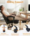 Person reclining in Comfy High Back Mesh Desk Chair With Foot Rest And Wheels For Ergonomic Support, Reclining Gaming Chair With Headrest