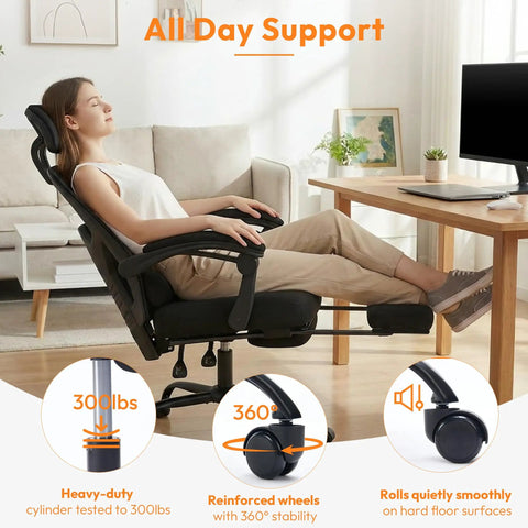 Person reclining in Comfy High Back Mesh Desk Chair With Foot Rest And Wheels For Ergonomic Support, Reclining Gaming Chair With Headrest