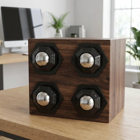 Wooden box on table with Self Adhesive Mini Casters Wheels Set For Kitchen Storage Boxes And Trash Cans attached on the side