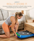 Woman storing the Legit 4D Curved Vibration Plate Exercise Machine With Triple Motor Seven Modes And Sixty Speeds under a couch.