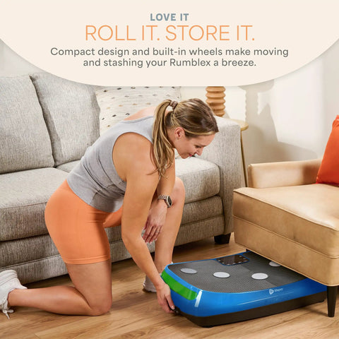 Woman storing the Legit 4D Curved Vibration Plate Exercise Machine With Triple Motor Seven Modes And Sixty Speeds under a couch.