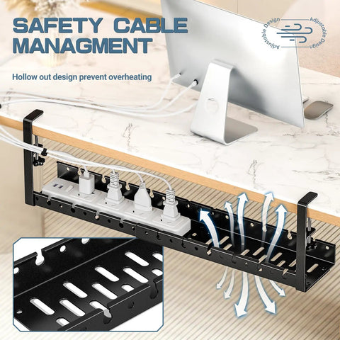 Under Desk Cable Management System With Adjustable Organizer And Adhesive Clip Holders, No Drill Setup, Reusable Cable Ties, Stable Durable Build, Keeps Cables Neat And Easy Access, Black