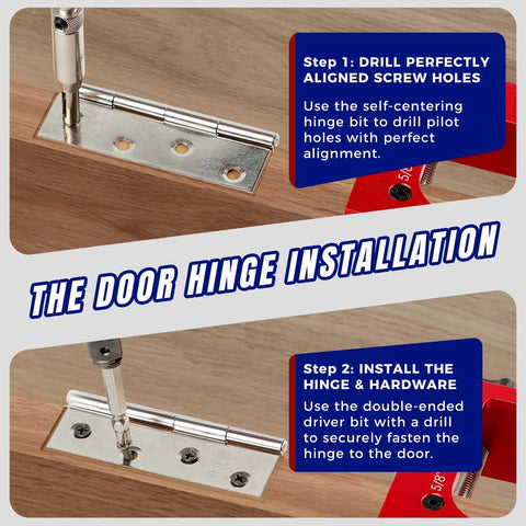 Pro Grade Dead Nuts Precise Door Hinge Template Kit For Router Adjustable Mortise Jig showing hinge installation steps on wood.