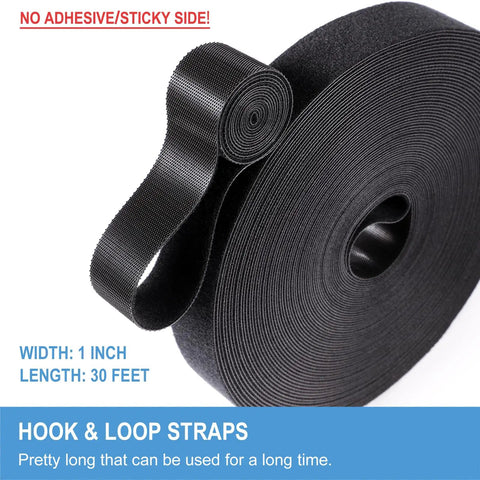 One Inch By Thirty Foot Hook And Loop Tape Roll Featuring Heavy Duty Fabric Straps With Slick Self Adherence Cut To Any Size For No Sweat Cable Wrapping And Garage Gear Management, black webbing roll.