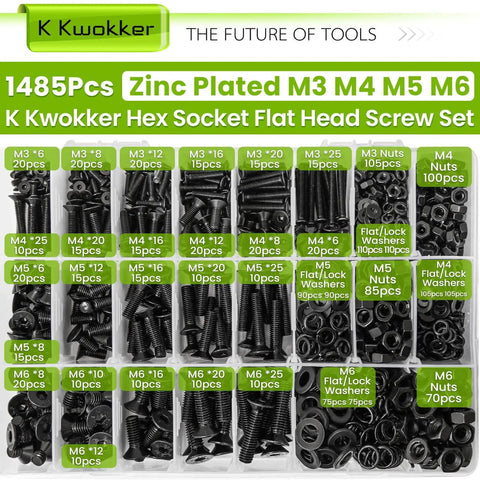 Ridiculously Complete Metric Fastener Kit With 1485 Pieces Of M3 M4 M5 M6 Nuts And Bolts, Flat Head Hex Socket Screws, Washers And Lock Washers, Zinc Plated Durable Hardware Set For DIY Projects Kwokker displayed in a storage box