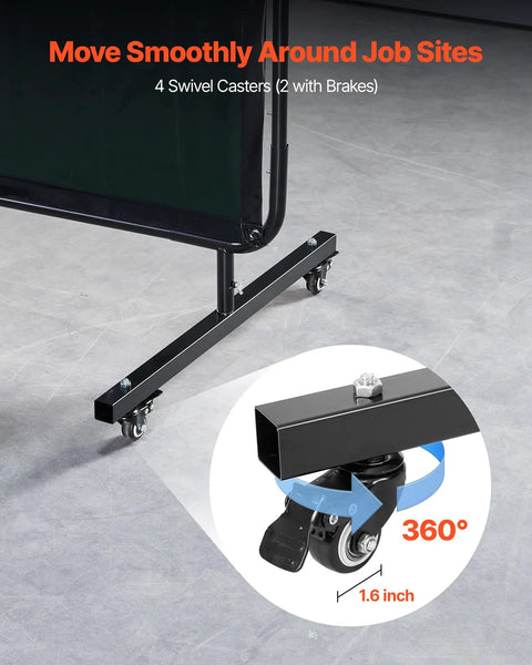 Six By Eight Foot 3-Panel Welding Screen With Frame showing swivel caster wheels for easy mobility in workshops.