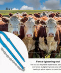 Cows behind barbed wire fence with Beefy Heavy Duty Fence Wire Tightener Tool For Barbed Wire And Electric Fences Fast 60 Second Slack Puller displayed.