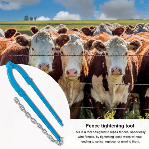 Cows behind barbed wire fence with Beefy Heavy Duty Fence Wire Tightener Tool For Barbed Wire And Electric Fences Fast 60 Second Slack Puller displayed.