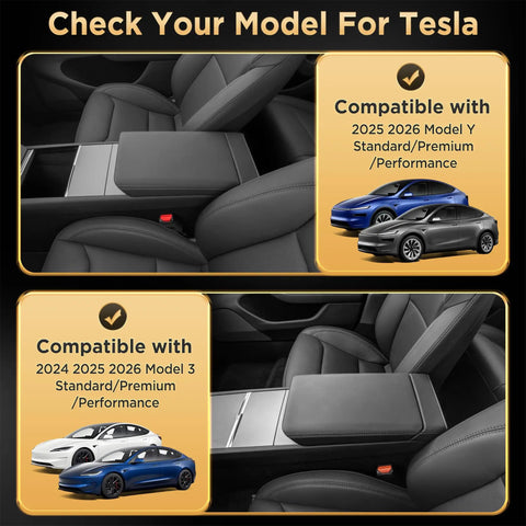 Juniper Leather Center Console Cover For Tesla Model Y 2025 2026 And Model 3 2024 2026 displayed with compatibility and fit