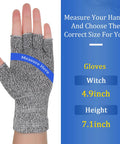 Hand wearing cut resistant gray and black half finger glove with measuring tape, Two Pair Cut Resistant Half Finger Gloves For Home Use Gray And Black, Durable Finger Protection For Kitchen, DIY, Crafts, Woodworking And Food Prep For Everyday Tasks shown. Size guidelines displayed.