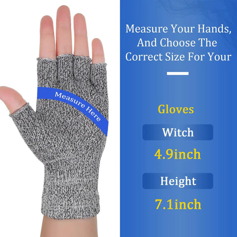 Hand wearing cut resistant gray and black half finger glove with measuring tape, Two Pair Cut Resistant Half Finger Gloves For Home Use Gray And Black, Durable Finger Protection For Kitchen, DIY, Crafts, Woodworking And Food Prep For Everyday Tasks shown. Size guidelines displayed.