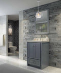 Bathroom with stone wall and mirror, featuring Adjustable One Light Mini Pendant Ceiling Light With Surf Green Glass Shade In Chrome Finish
