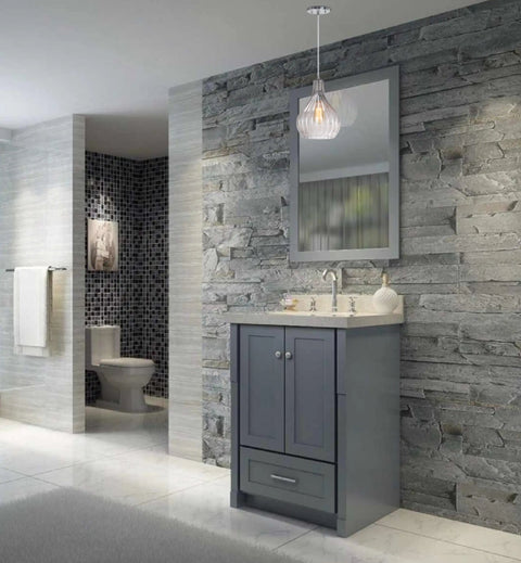 Bathroom with stone wall and mirror, featuring Adjustable One Light Mini Pendant Ceiling Light With Surf Green Glass Shade In Chrome Finish