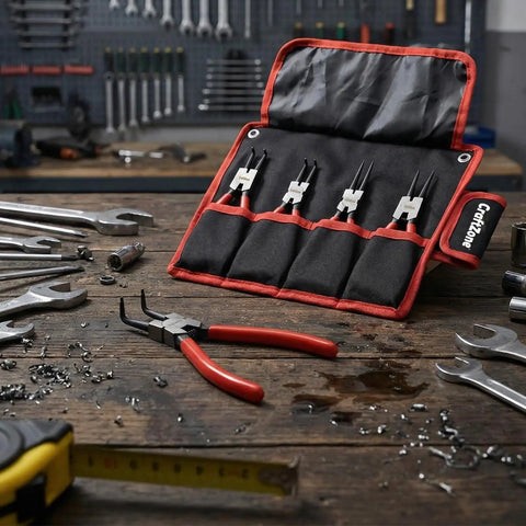 4 Piece Snap Ring Pliers Set With Internal And External Circlip Pliers For Removing And Installing Retaining Rings Heavy Duty Carbon Steel Pro Grade Tool Kit 7 Inch Pliers With Comfort Grip displayed on a workshop bench.