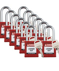 Red Keyed Alike Lockout Padlock Set, 12 Pack, Nylon Body With Steel Shackles, Brass Key Retaining Cylinders, 1 Key Per Lock.