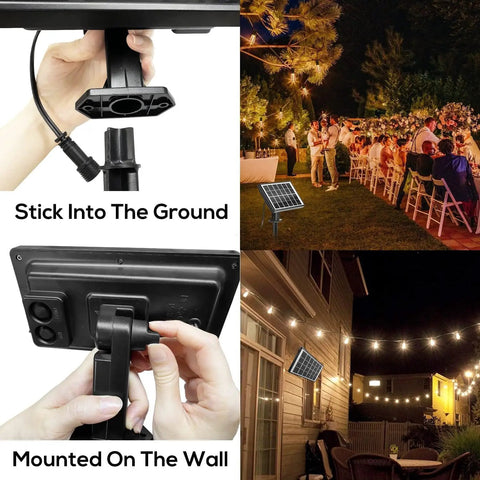Led Outdoor String Lights 2 Pack 48 Foot Patio Lights with dimmable shatterproof bulbs illuminating outdoor dining area
