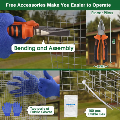 Image showing Hardcore Half Inch Hardware Cloth Roll with gloves, pliers, and cable ties for garden fencing.