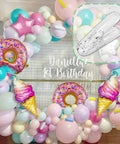 Balloon arch with doughnut and ice cream decorations using 30 Pack Transparent Balloon Arch Clips 2.4 Inch Heavy Duty Spring Clamps