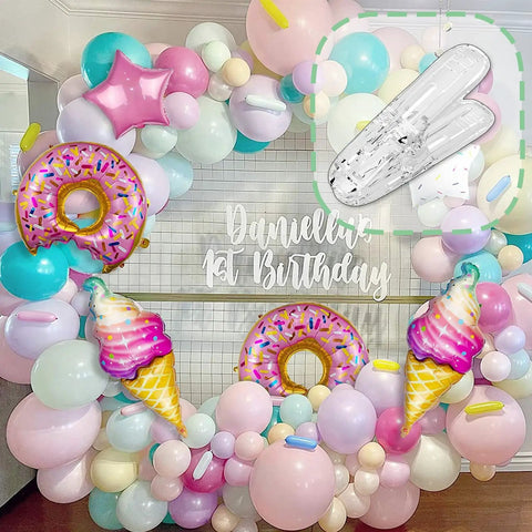 Balloon arch with doughnut and ice cream decorations using 30 Pack Transparent Balloon Arch Clips 2.4 Inch Heavy Duty Spring Clamps