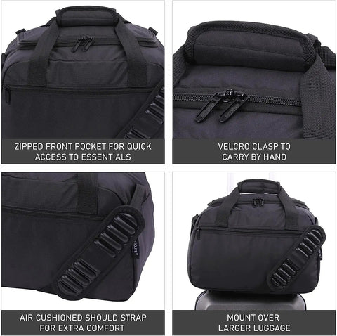 Max Size Carry On Duffle Bag For Air Travel, Lightweight Personal Item, 18 By 14 By 9 Inches, 37L, with zipped pocket and shoulder strap