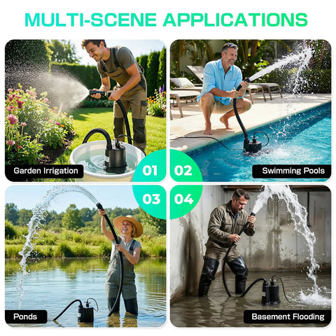 Multi-scene applications of Powerful Submersible Sump Pump 1/3 HP 2400 GPH With 3/4 Inch GHT Garden Hose Thread in use