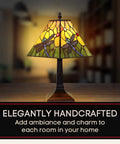 Vintage Tiffany Style Floral Glass Table Lamp With White Stained Glass And Colorful Jewels, 15 Inch Tall Nightstand Light