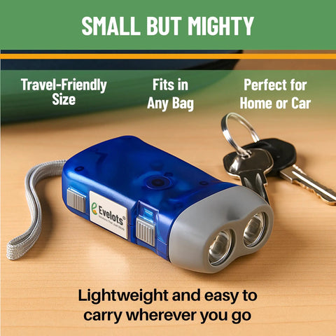 Hand Crank Emergency Flashlight Pack 12 Units Rechargeable Crank Light With Dual LED Beams shown with keys on a table
