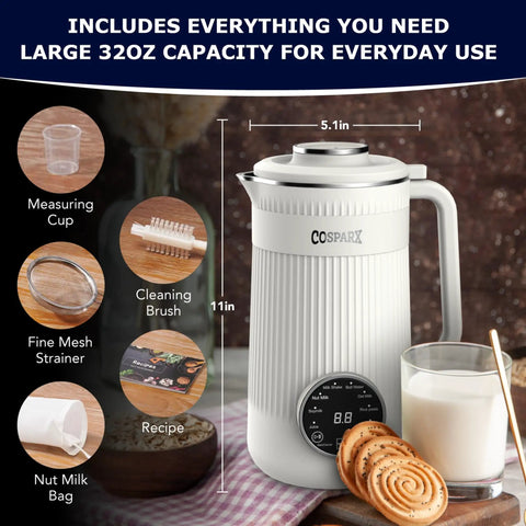 8 In 1 Nut Milk Maker Blender 32oz Capacity For Creamy Soy Almond Oat Coconut And Plant Based Non Dairy Beverages With Delay Start And Keep Warm in kitchen setting with accessories like measuring cup, strainer, and milk bag.