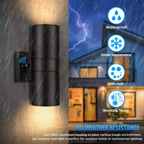 Dusk To Dawn Outdoor Wall Light With Up And Down Sconces Waterproof Anti Rust Cylinder Black Go To Exterior Wall Mount Porch Patio House Entryway Lighting 2 Pack