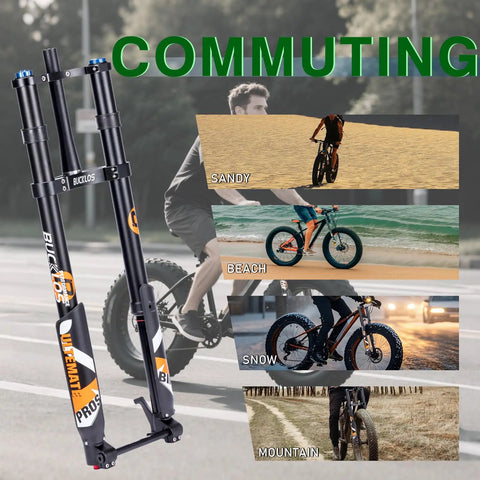 Fat Tire 26 Inch Air Fork For Electric Mountain Bike With Inverted Suspension displayed alongside bike terrain images.