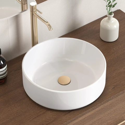 Round Vessel Sink For Bathroom 15.75 Inch Ceramic Bowl With White Gloss Finish Sleek Look Above Countertop Lavatory Vanity Sink Durable Glazed Ceramic 1.75 Inch Drain Opening Fits Standard Drains And Cabinets on wooden vanity with faucet