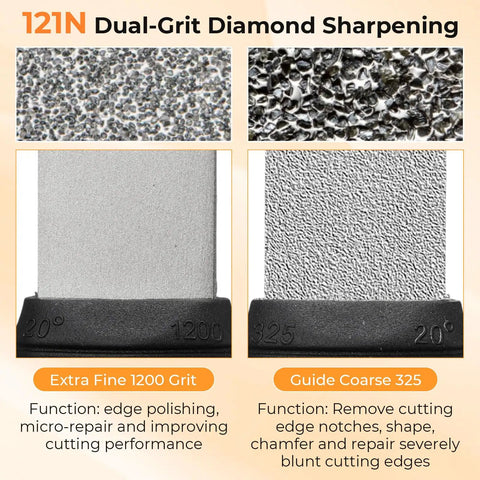 Close-up of dual-grit diamond sharpening stone showing 1200 grit for polishing and 325 grit for edge reshaping with angle guide.