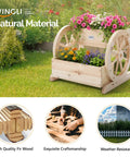 Cute Wooden Wagon Planter Box With Storage, Rustic Wheel Planter Decor With Flowers, Natural Wood Garden Bench Cart