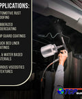 Heavy Duty Pneumatic Undercoating Spray Gun With Suction Feed Cup For Auto Rust Proofing And Truck Bed Liner, showcasing applications.