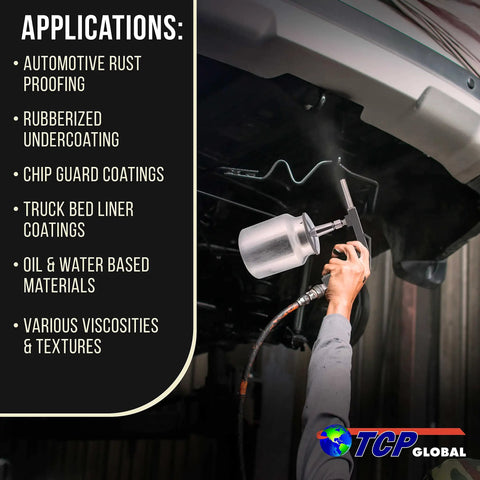 Heavy Duty Pneumatic Undercoating Spray Gun With Suction Feed Cup For Auto Rust Proofing And Truck Bed Liner, showcasing applications.